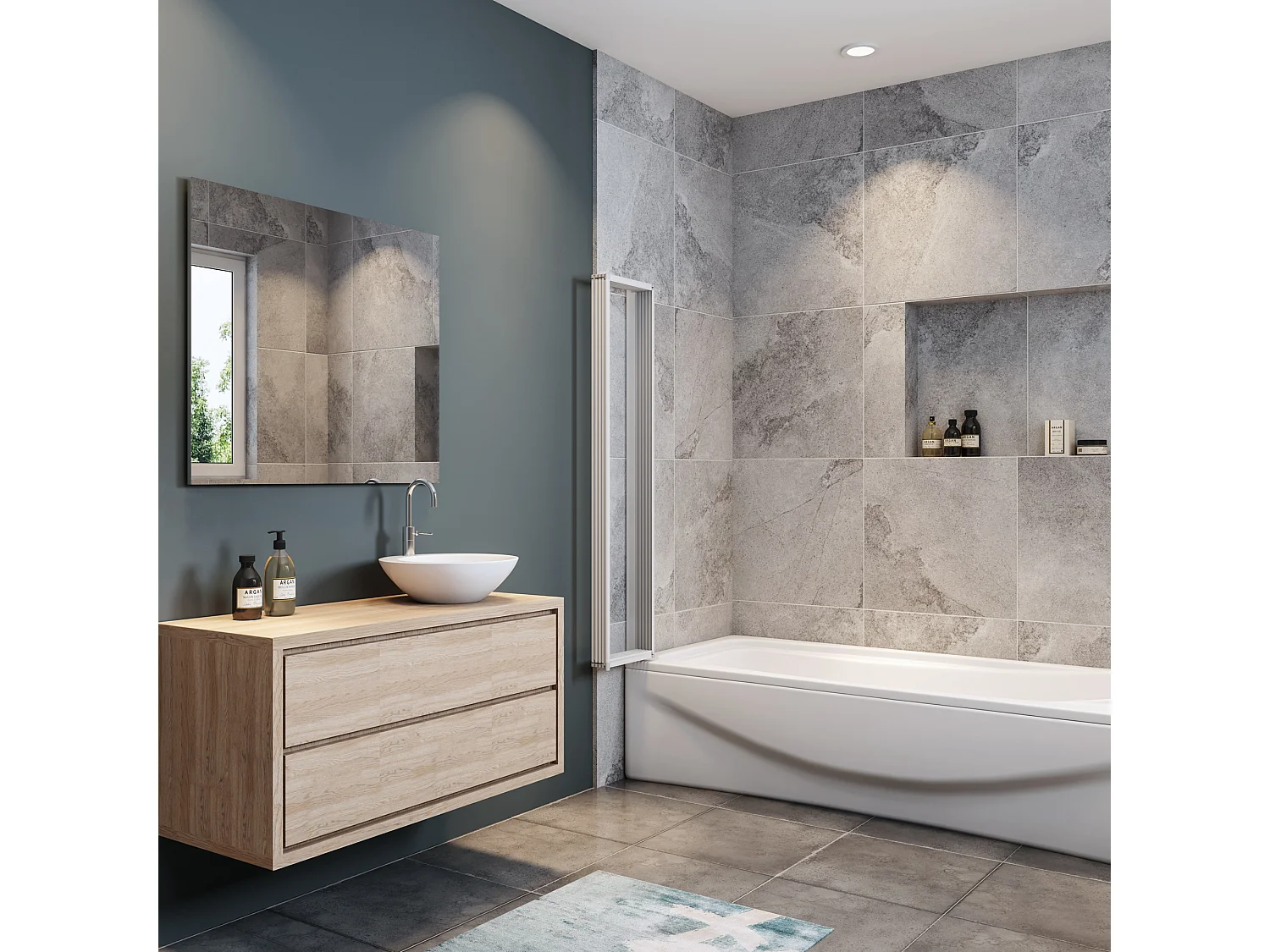 Mampara de bañera 5 hojas plegables-vidrio templado 4mm perfil gris mate-(1193-1203)x1400mm