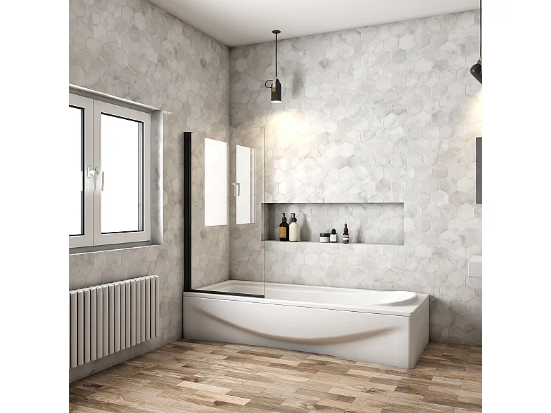 Mampara de bañera con perfil negro mate abatible-cristal templado 6mm-(780-800)x1400mm