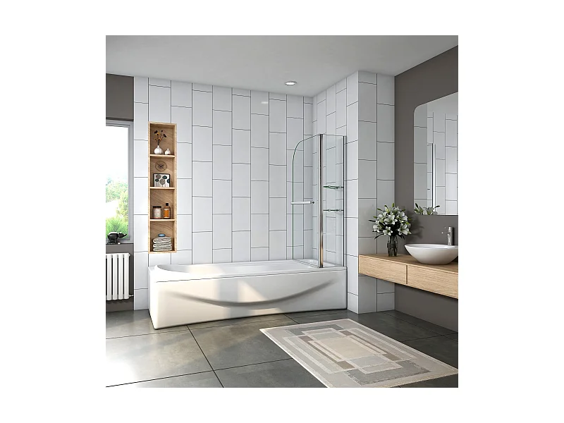 Mampara de bañera abatible-cristal templado 6 mm con 2 repisas y un toallero-(1195-1200)x1400mm