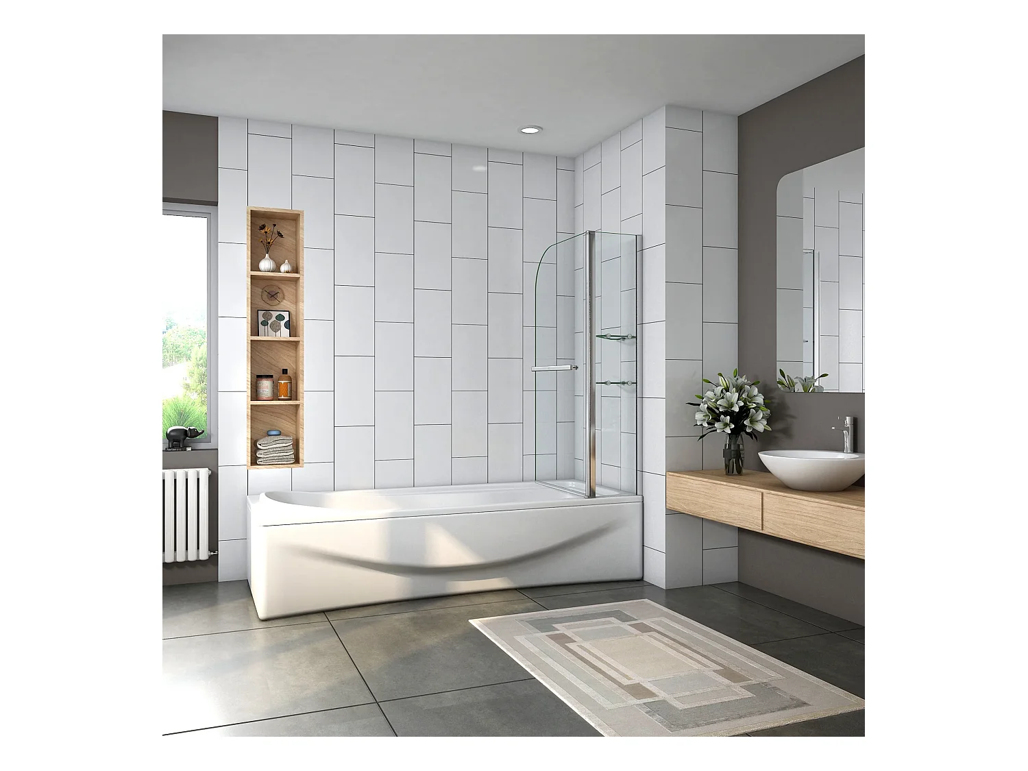Mampara de bañera abatible-cristal templado 6 mm con 2 repisas y un toallero-(1195-1200)x1400mm