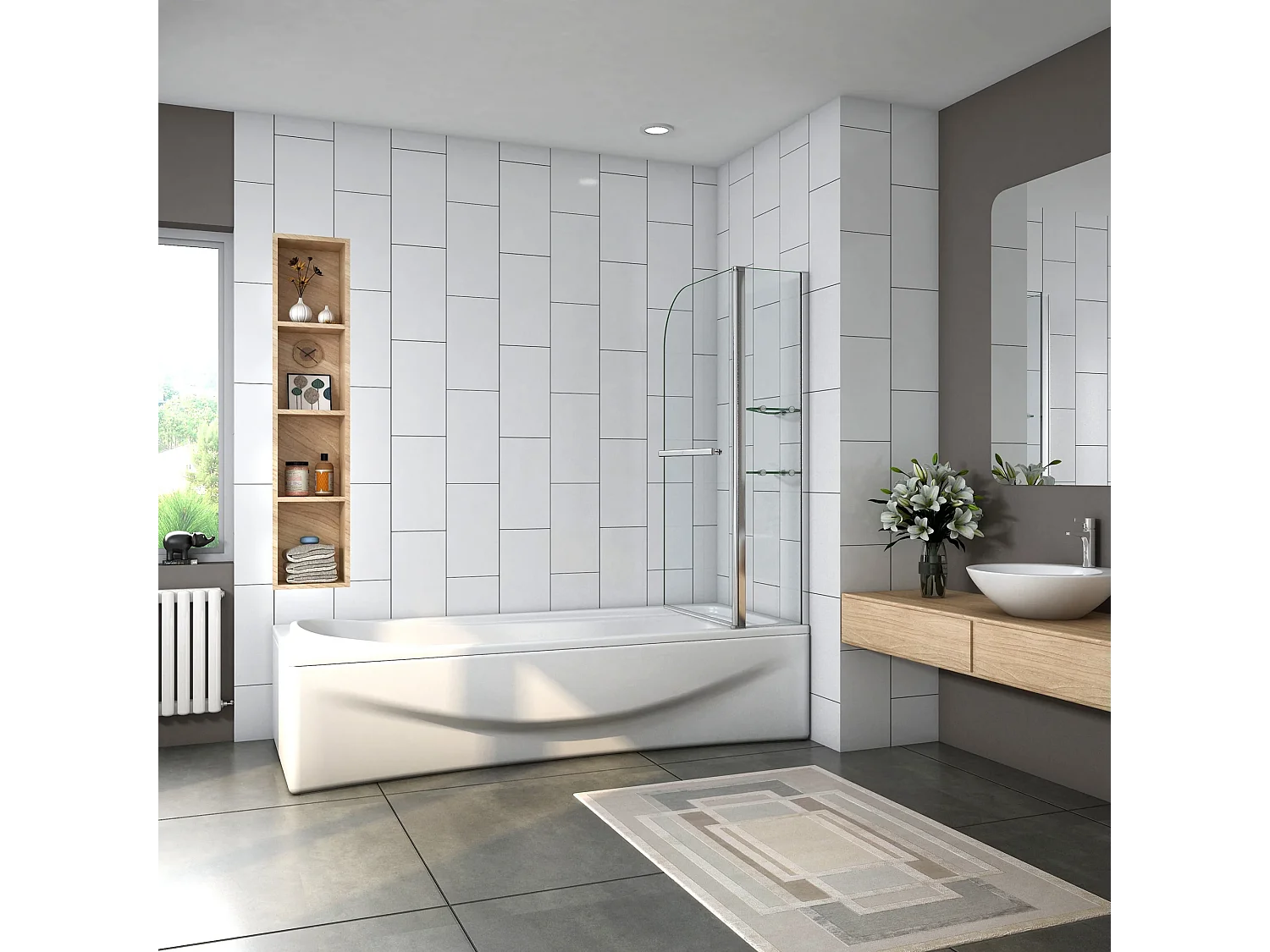 Mampara de bañera abatible-cristal templado 6 mm con 2 repisas y un toallero-(1195-1200)x1400mm