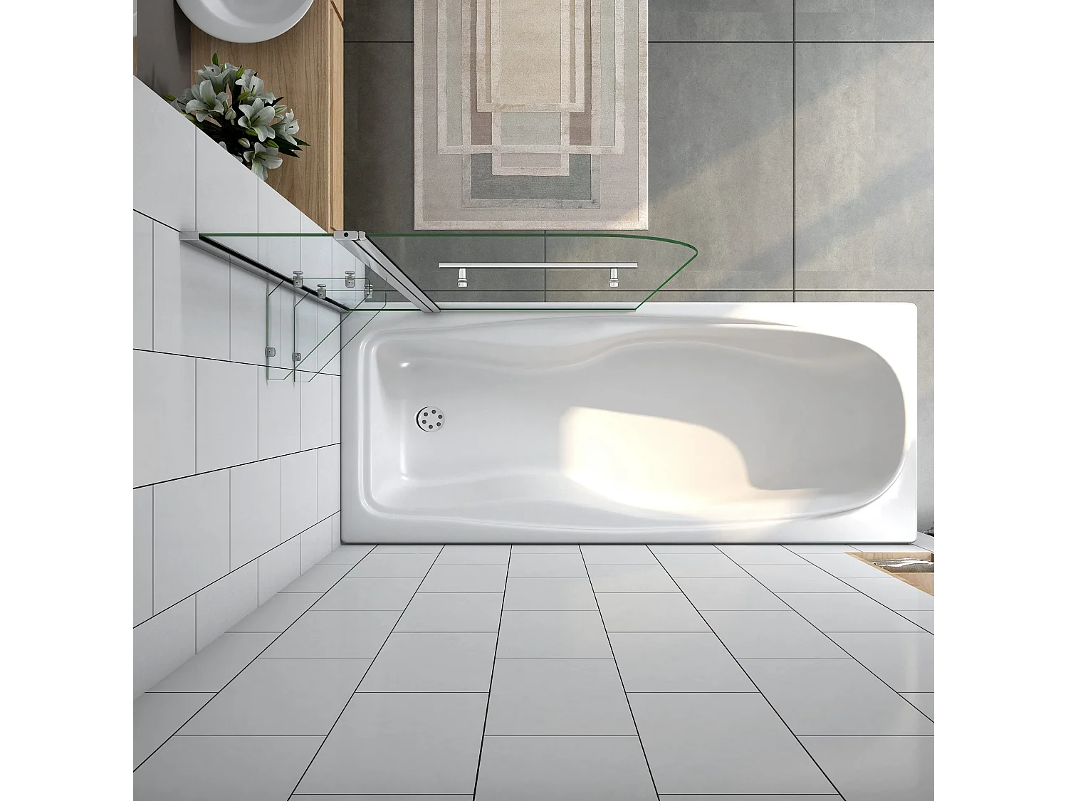 Mampara de bañera abatible-cristal templado 6 mm con 2 repisas y un toallero-(1195-1200)x1400mm