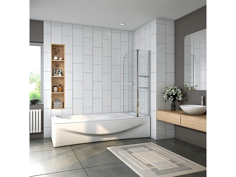 Painel de Banheira Dobrável Vidro Temperado 6 mm com 2 Prateleiras e Toalheiro Tamanho: (1195-1200)x1400mm