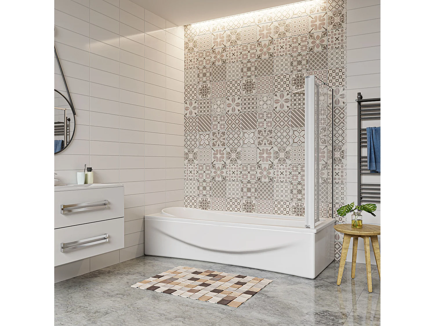 Mampara de bañera plegable-vidrio 4mm con perfil gris mate-2 hojas+panel lateral 700mm-(899-909)x(672-699)x1400mm