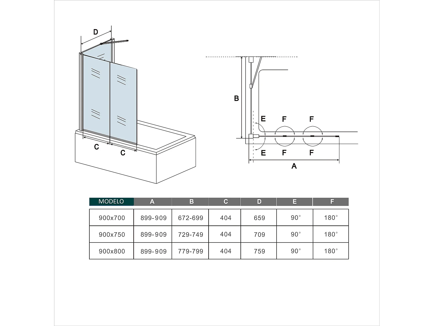 Mampara de bañera plegable-vidrio 4mm con perfil gris mate-2 hojas+panel lateral 700mm-(899-909)x(672-699)x1400mm