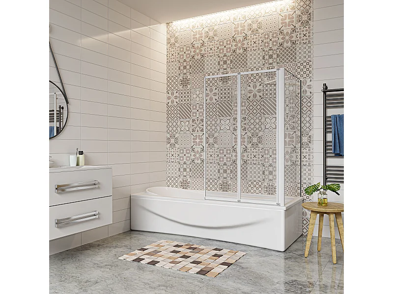 Mampara de bañera plegable-vidrio 4mm con perfil gris mate-2 hojas+panel lateral 700mm-(899-909)x(672-699)x1400mm