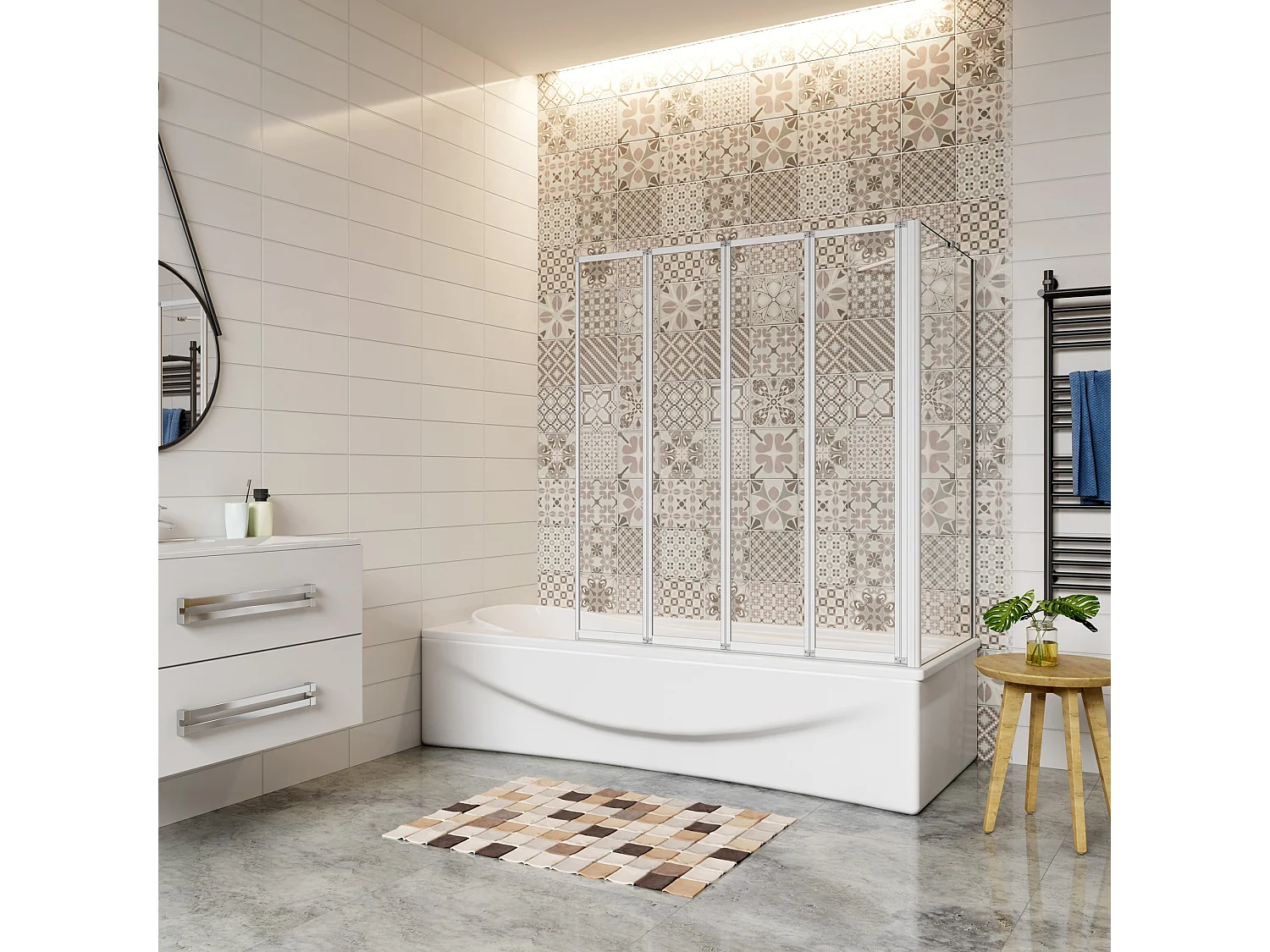 Painel de Banheira Dobrável de Vidro 4mm com Perfil Cinza Fosco-4Folhas Dobráveis​​+Painel Lateral 700mm Tamanho:(899-909)x(672-699)x1400mm