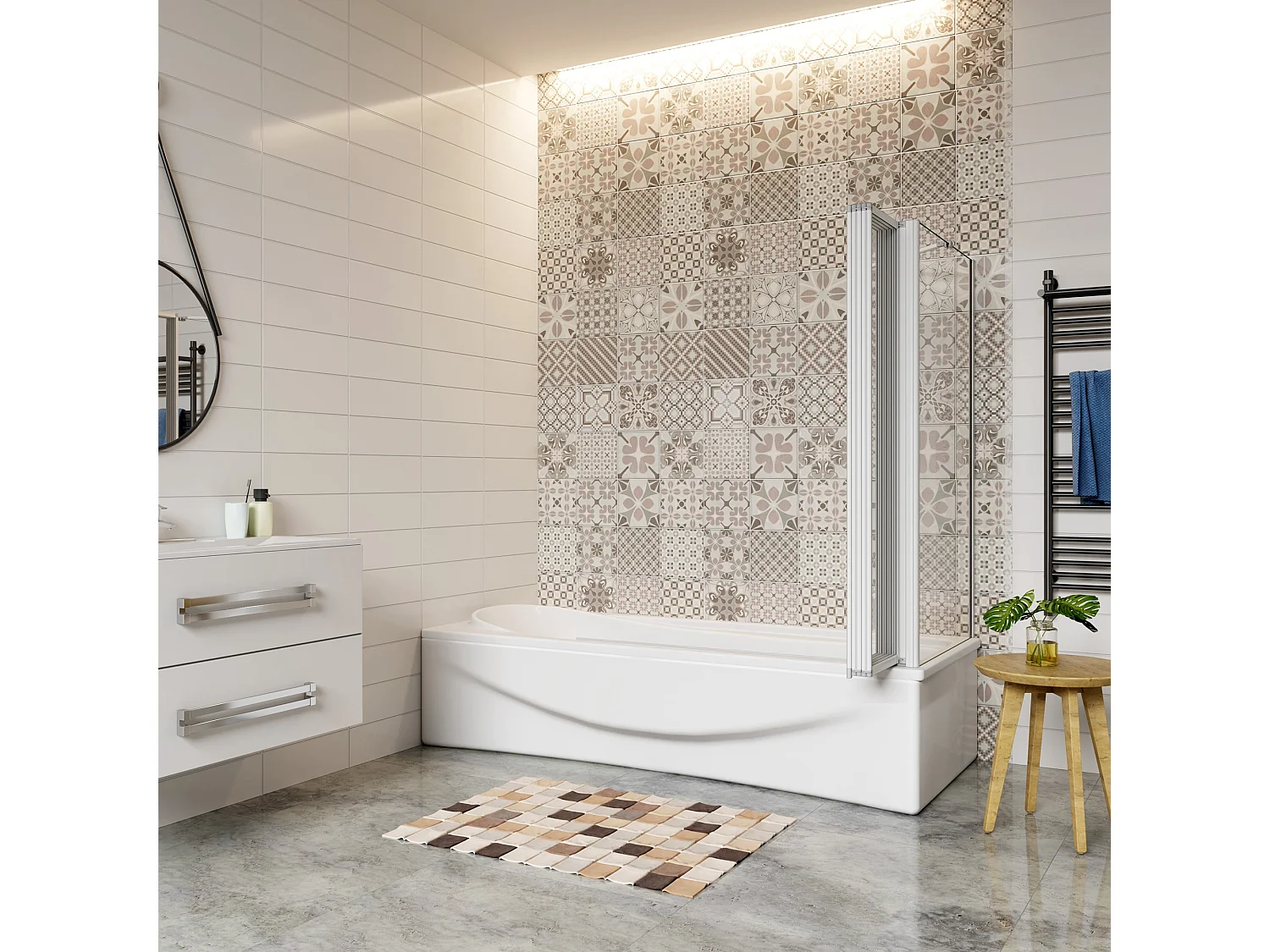 Mampara de bañera plegable-vidrio 4mm con perfil gris mate-5 hojas+panel lateral 700mm-(1199-1209)x(672-699)x1400mm