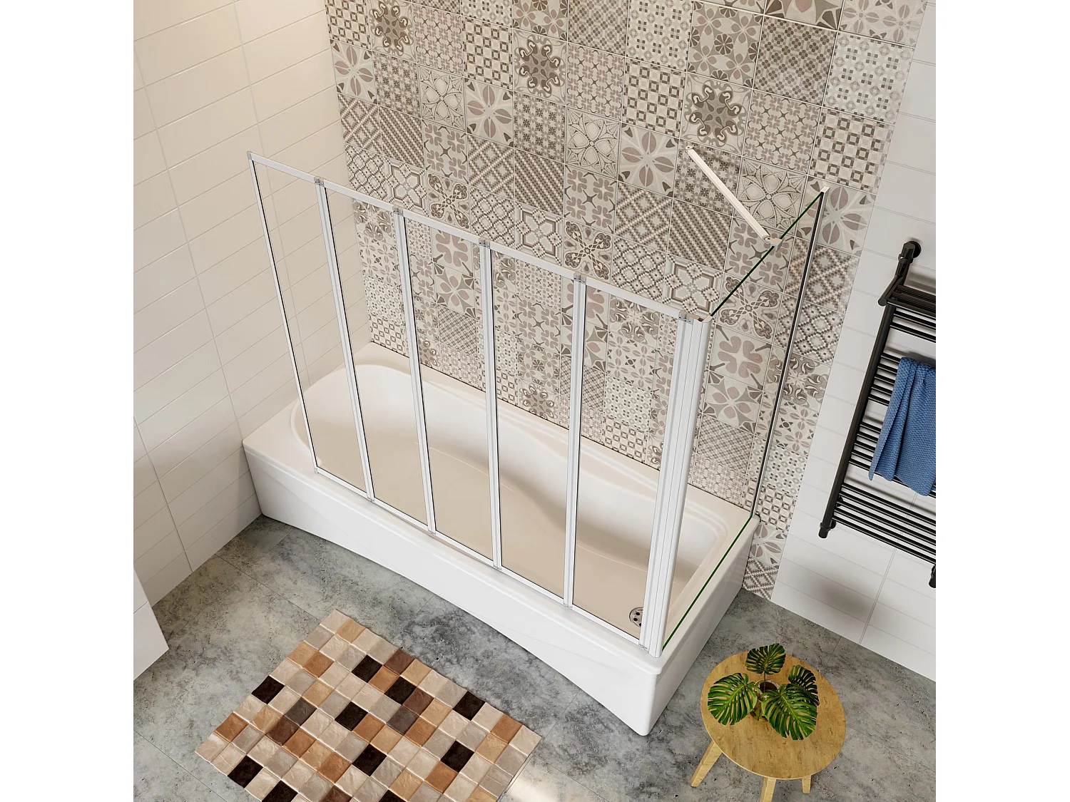 Mampara de bañera plegable-vidrio 4mm con perfil gris mate-5 hojas+panel lateral 700mm-(1199-1209)x(672-699)x1400mm