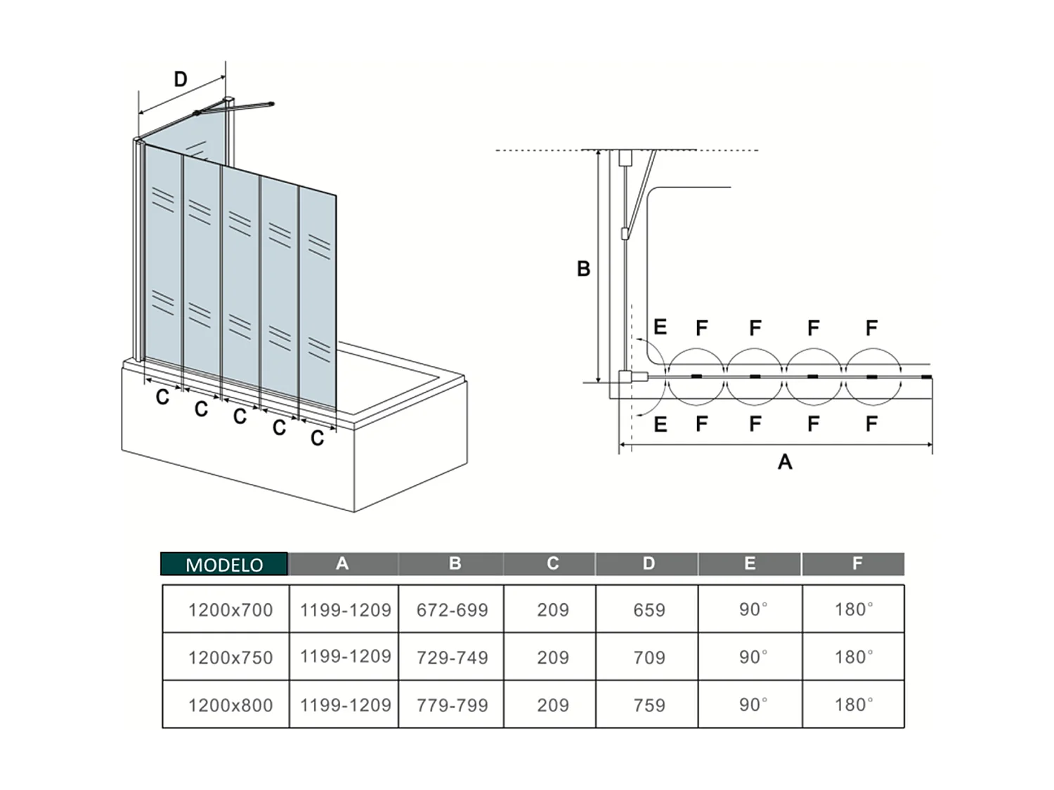 Mampara de bañera plegable-vidrio 4mm con perfil gris mate-5 hojas+panel lateral 700mm-(1199-1209)x(672-699)x1400mm