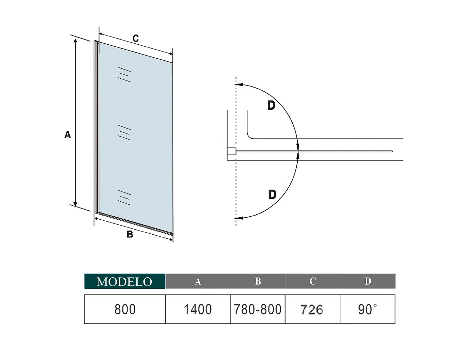 Mampara de bañera abatible-cristal templado 6mm-con perfil cromado-(780-800)x1400mm