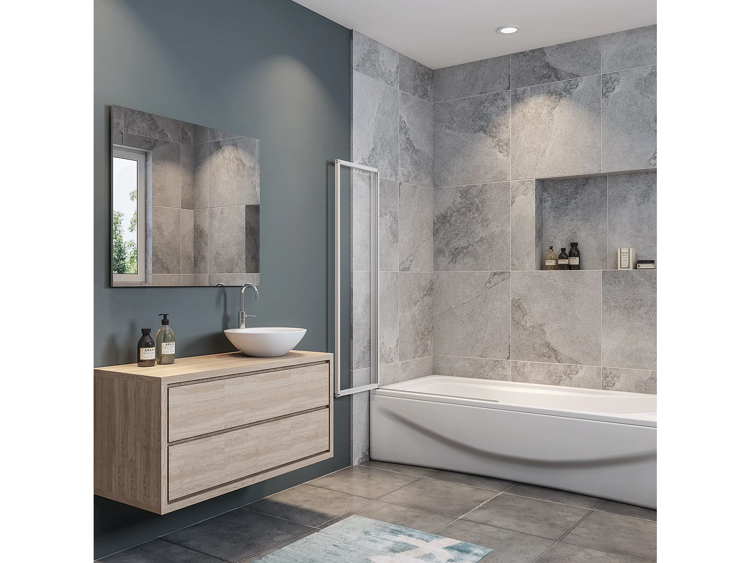 Mampara de bañera 2 hojas plegables-vidrio templado 4mm perfil gris mate-(890-900)x1400mm