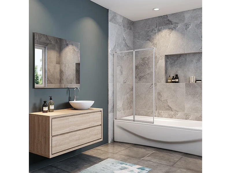 Mampara de bañera 2 hojas plegables-vidrio templado 4mm perfil gris mate-(890-900)x1400mm