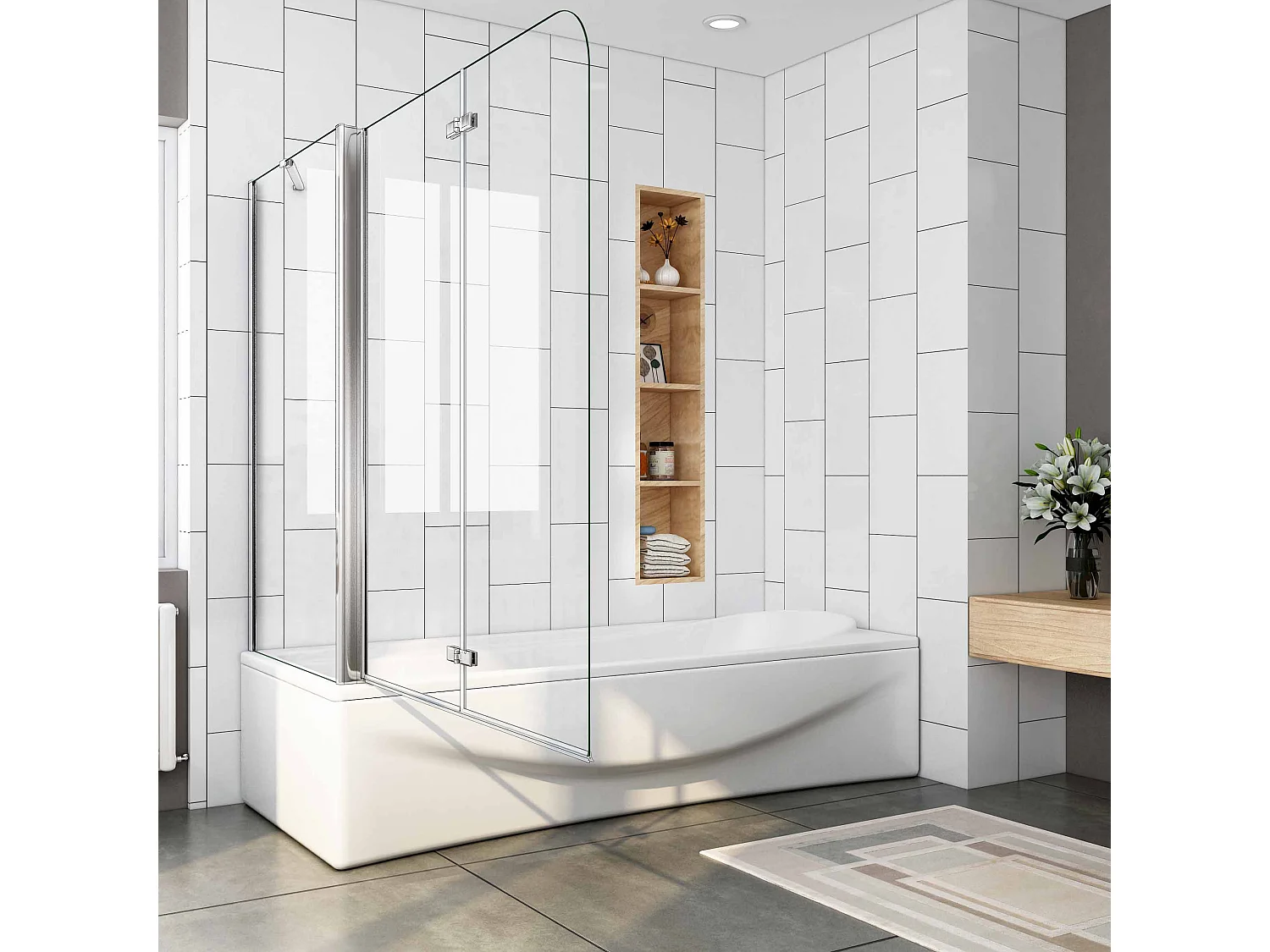 Painel de Banheira 2 Folhas Dobrável com Painel Fixo Vidro Anti-calcário 6mm Tamanho:(1193-1213)x(678-698)x1400mm