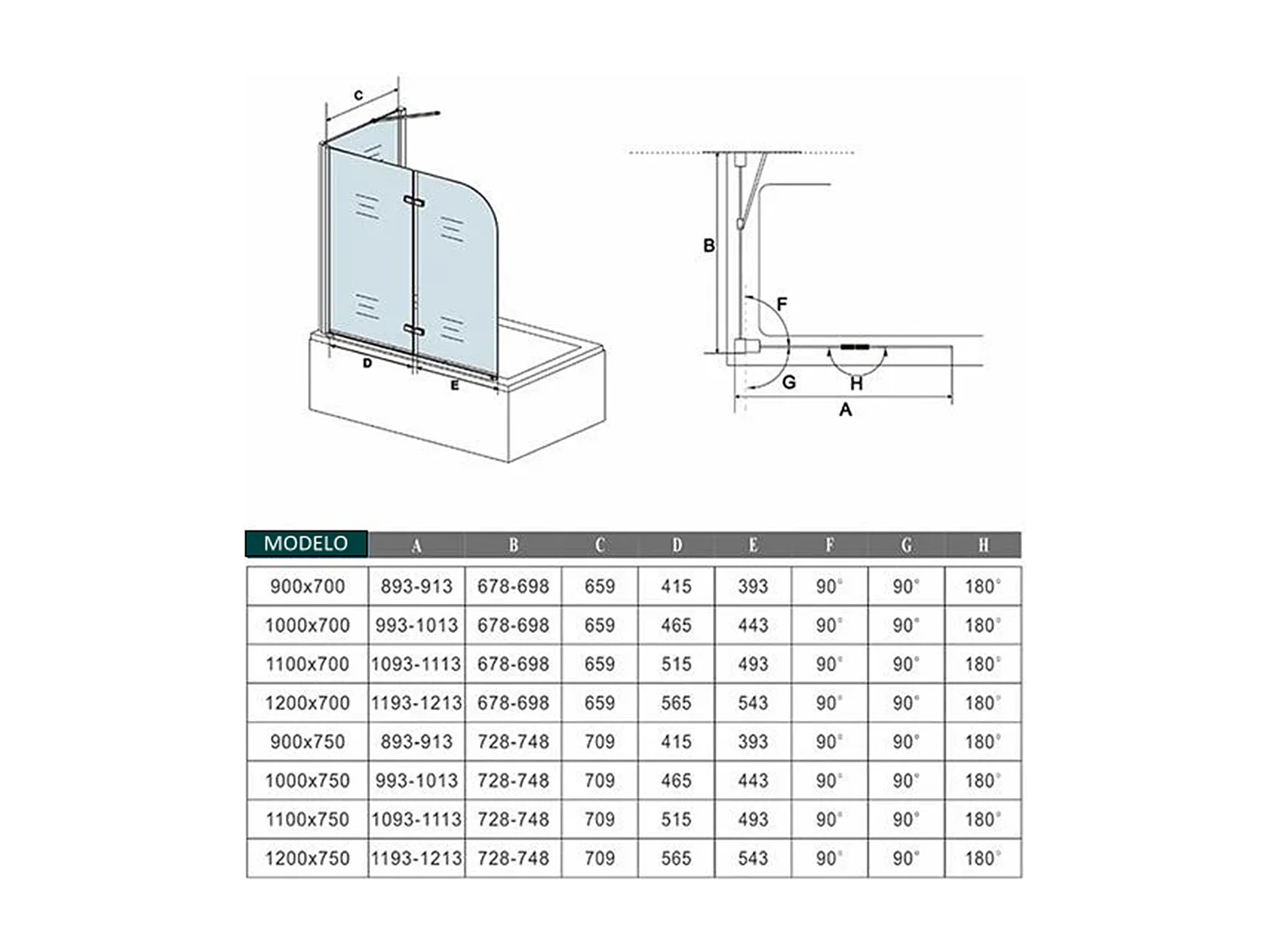 Painel de Banheira 2 Folhas Dobrável com Painel Fixo Vidro Anti-calcário 6mm Tamanho:(1193-1213)x(678-698)x1400mm