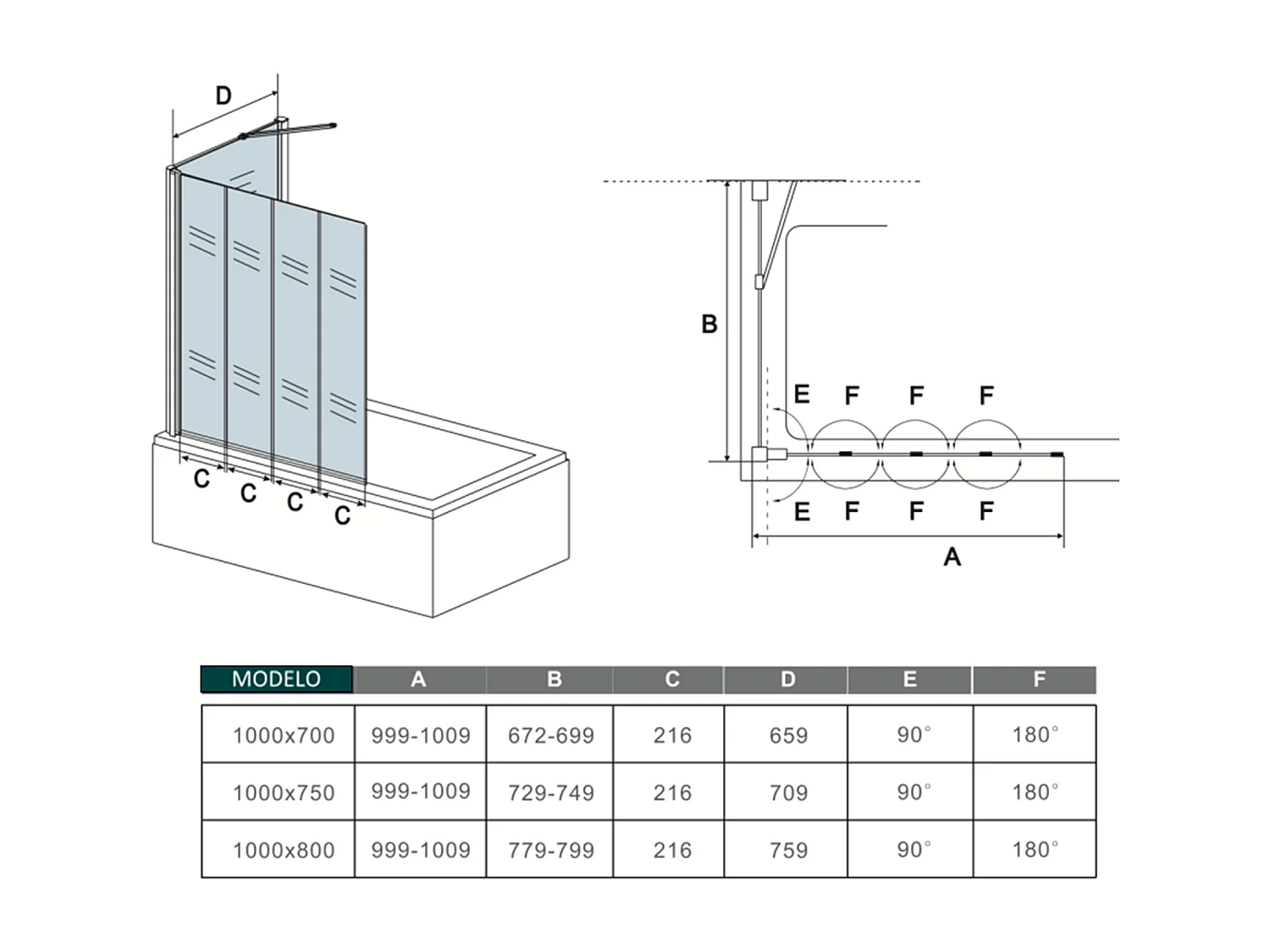 Painel de Banheira Dobrável de Vidro 4mm com Perfil Cinza Fosco-4Folhas Dobráveis​​+Painel Lateral 700mm Tamanho:(999-1009)x(672-699)x1400mm