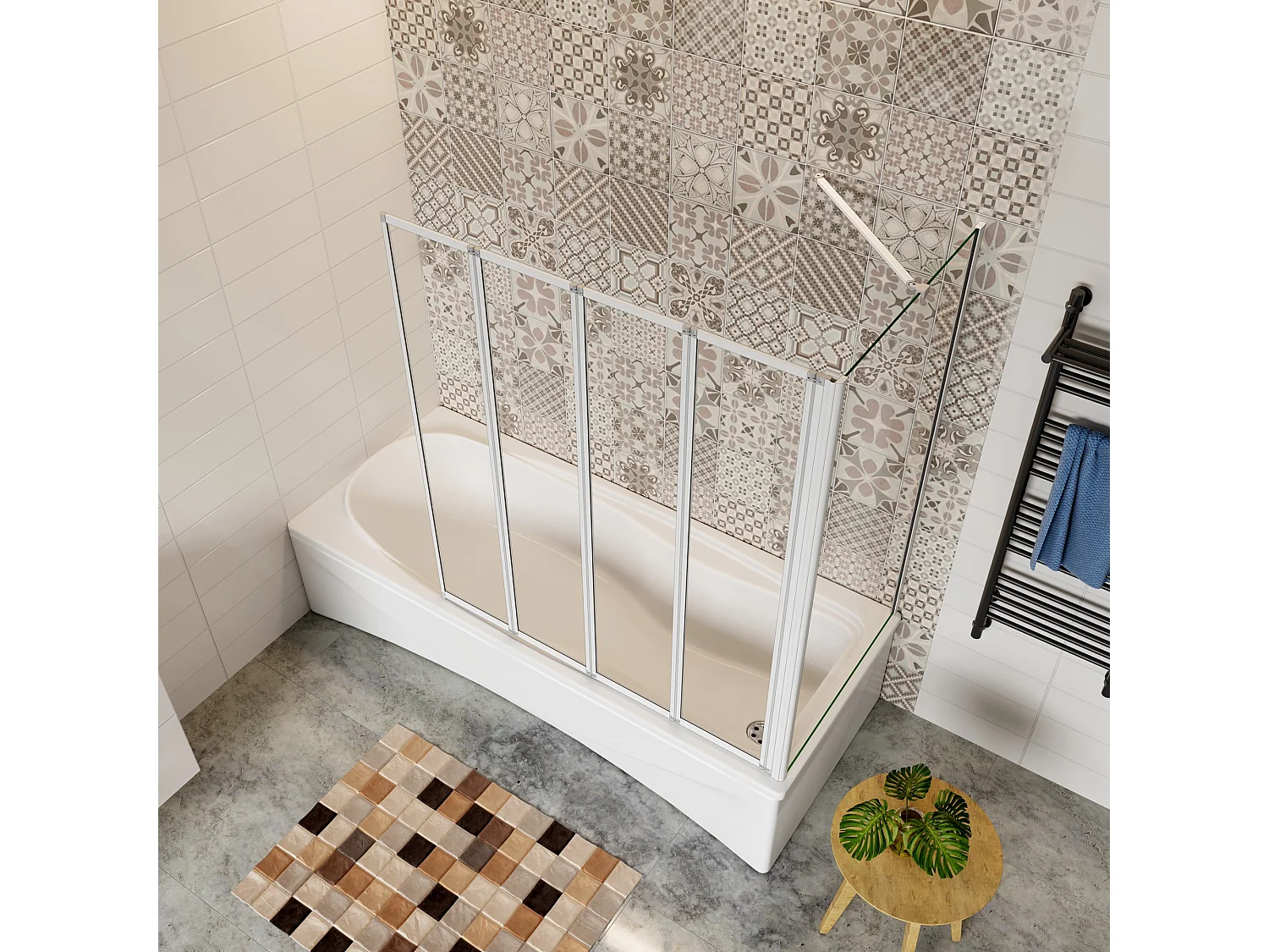 Mampara de bañera plegable-vidrio 4mm con perfil gris mate-4 hojas+panel lateral 700mm-(999-1009)x(672-699)x1400mm