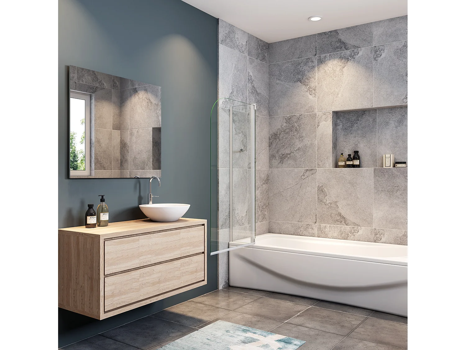 Mampara de bañera abatible-cristal templado 4mm con perfil gris mate-(1090-1100)x1400mm