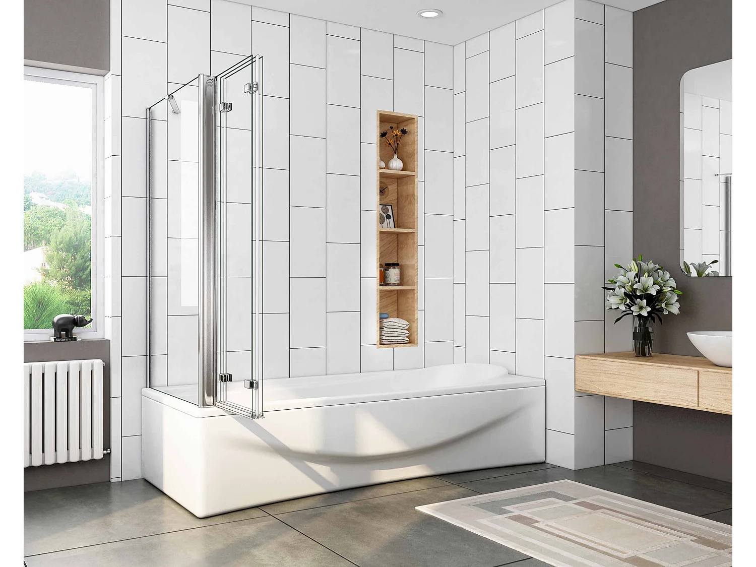 Mampara de bañera abatible 3 hojas con un panel fijo cristal antical 6mm 3 veces plegable (1193-1213)x(678-698)x1400mm