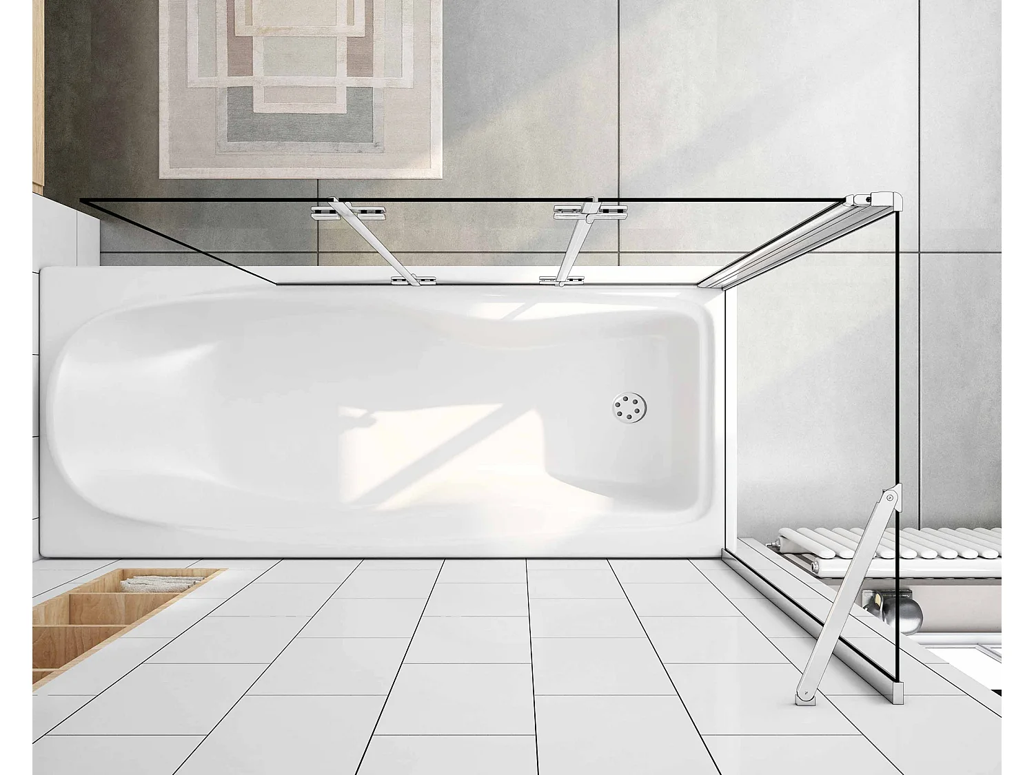 Mampara de bañera abatible 3 hojas con un panel fijo cristal antical 6mm 3 veces plegable (1193-1213)x(678-698)x1400mm