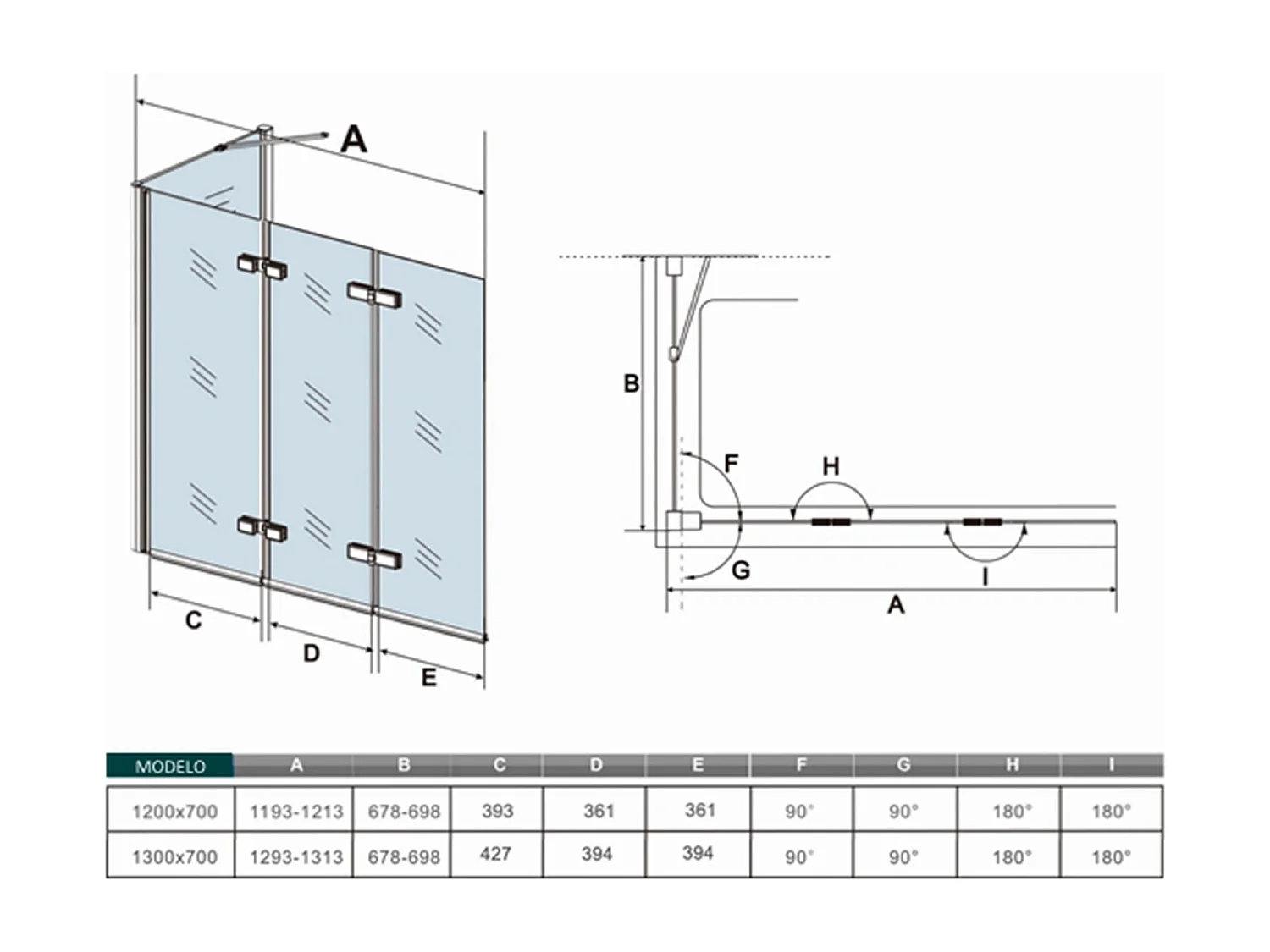 Mampara de bañera abatible 3 hojas con un panel fijo cristal antical 6mm 3 veces plegable (1193-1213)x(678-698)x1400mm