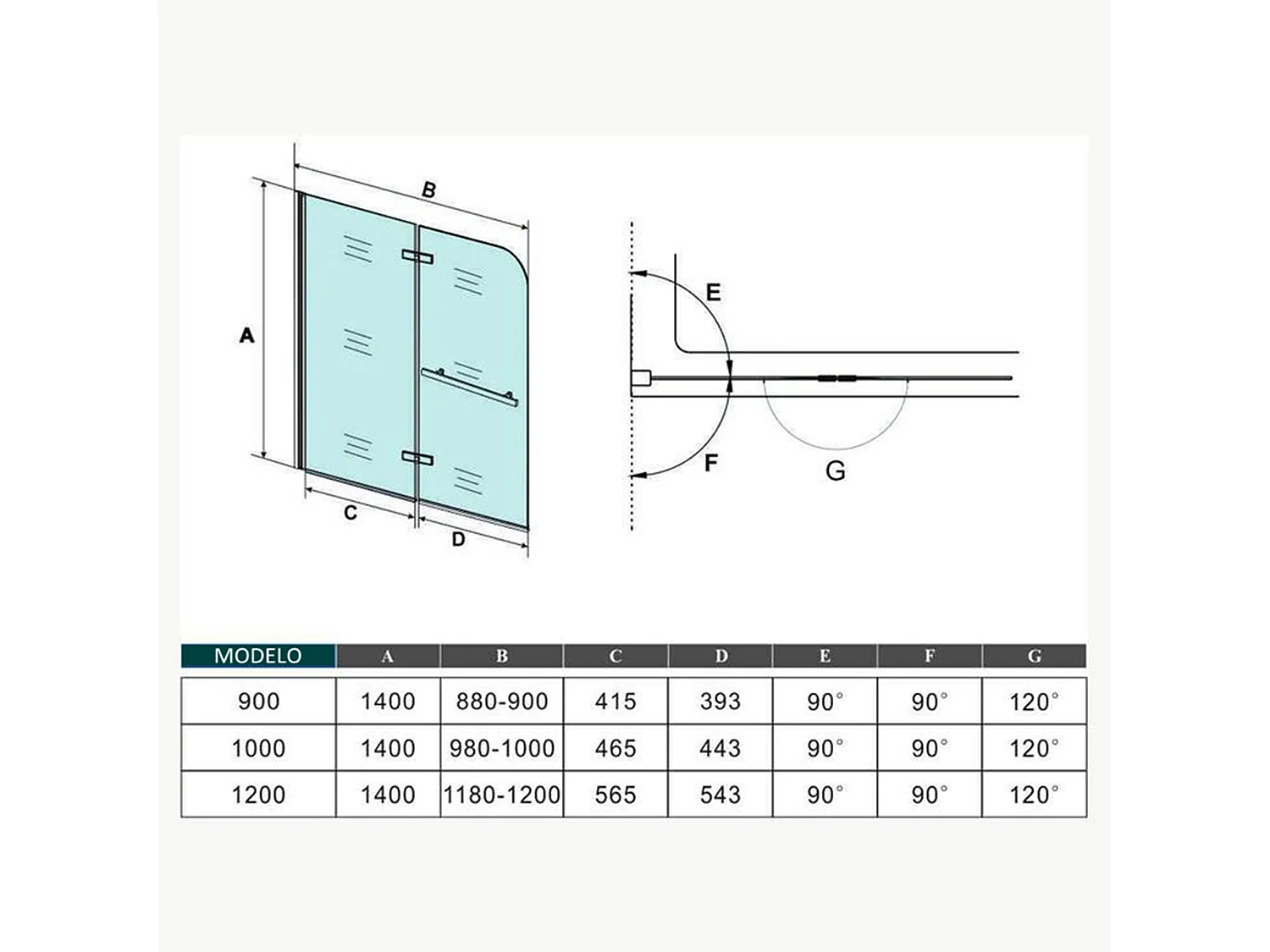 Mampara de bañera plegable-cristal antical 6mm con un toallero 300mm-(1180-1200)x1400mm