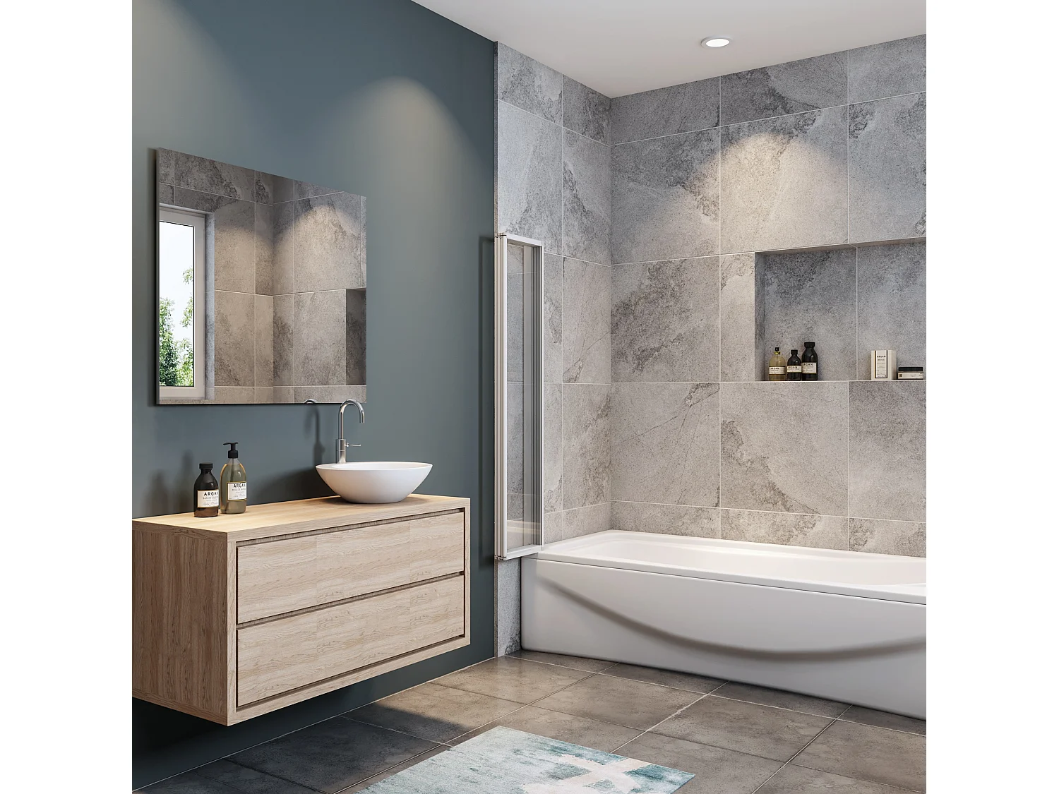 Mampara de bañera 4 hojas plegables vidrio templado 4mm perfil gris mate (890-900)x1400mm