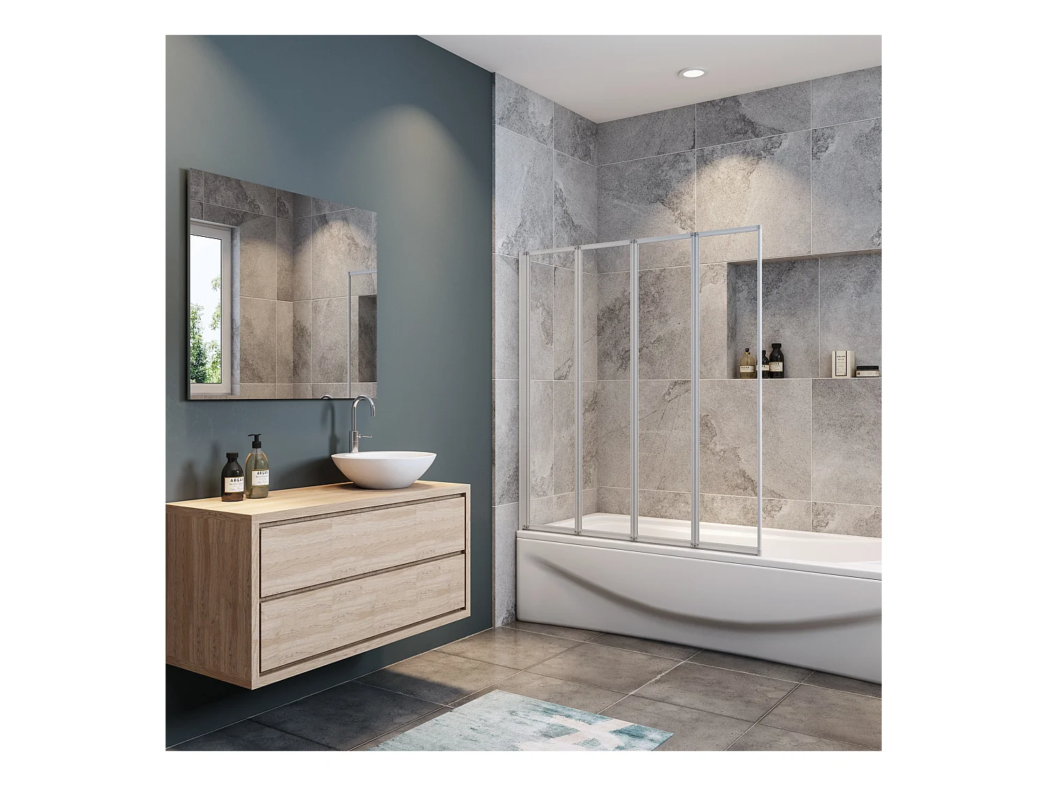 Mampara de bañera 4 hojas plegables vidrio templado 4mm perfil gris mate (890-900)x1400mm