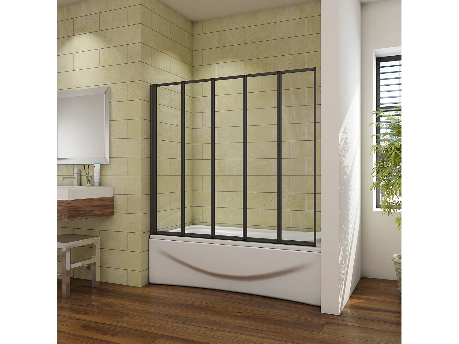 Mampara de bañera plegable-vidrio templado 4mm con perfil negro mate-(1193-1203)x1400mm