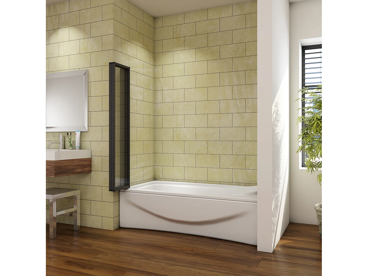 Mampara de bañera plegable-vidrio templado 4mm con perfil negro mate-(1193-1203)x1400mm
