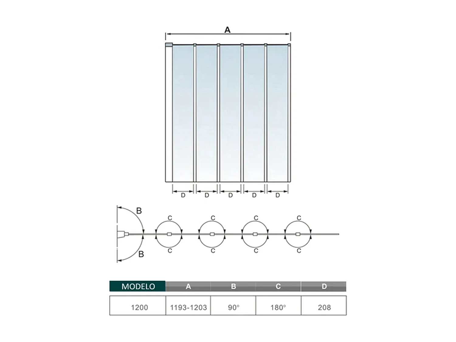 Mampara de bañera plegable-vidrio templado 4mm con perfil negro mate-(1193-1203)x1400mm