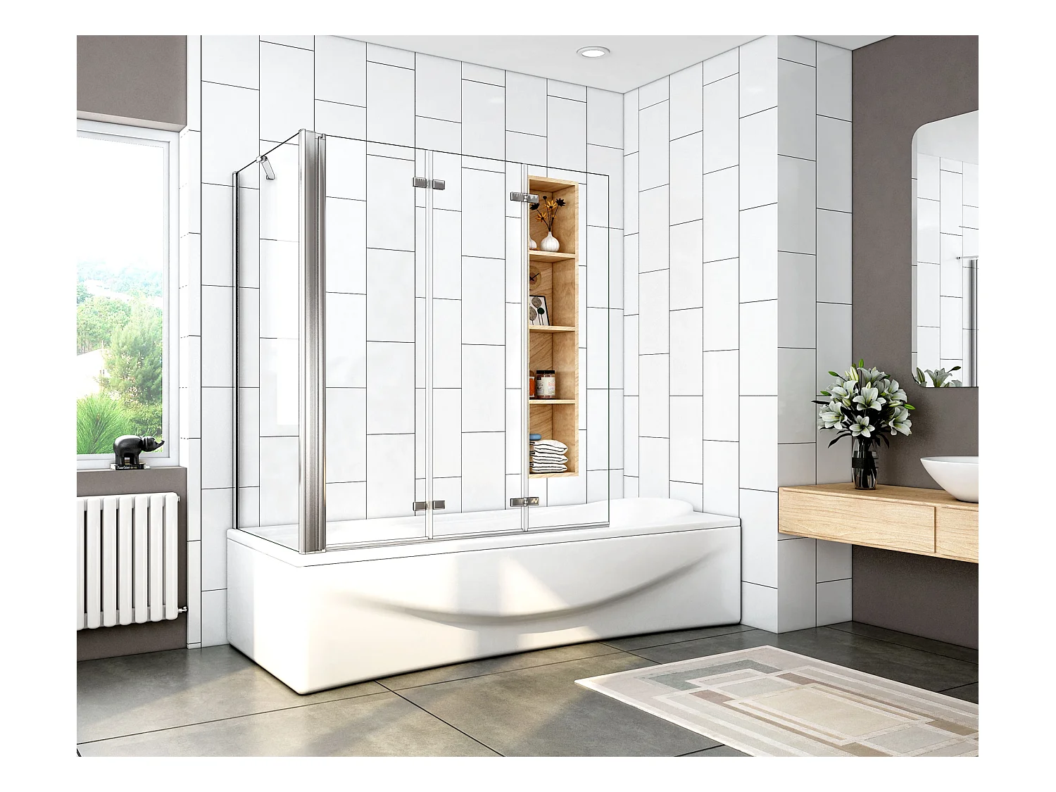 Mampara de bañera abatible 3 hojas con un panel fijo cristal antical 6mm 3 veces plegable (1293-1313)x(678-698)x1400mm