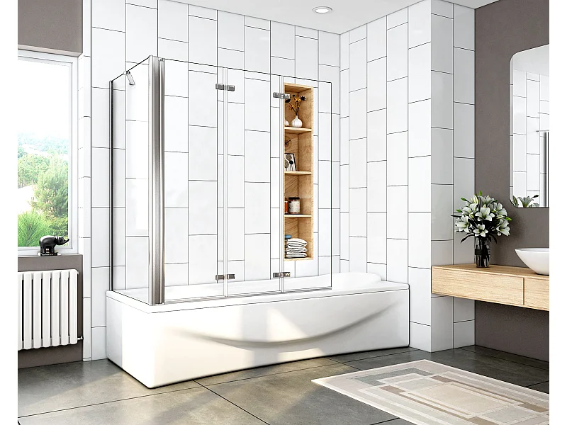 Mampara de bañera abatible 3 hojas con un panel fijo cristal antical 6mm 3 veces plegable (1293-1313)x(678-698)x1400mm