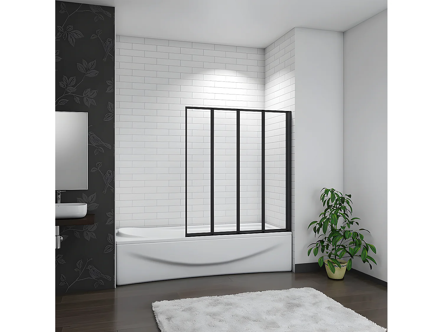 Mampara de bañera 4 hojas plegables vidrio templado 4mm perfil negro mate (990-1000)x1400mm