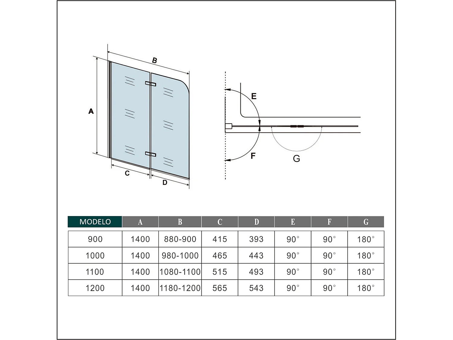 Mampara de bañera abatible 2 hojas cristal antical 6mm plegable (1180-1200)x1400mm