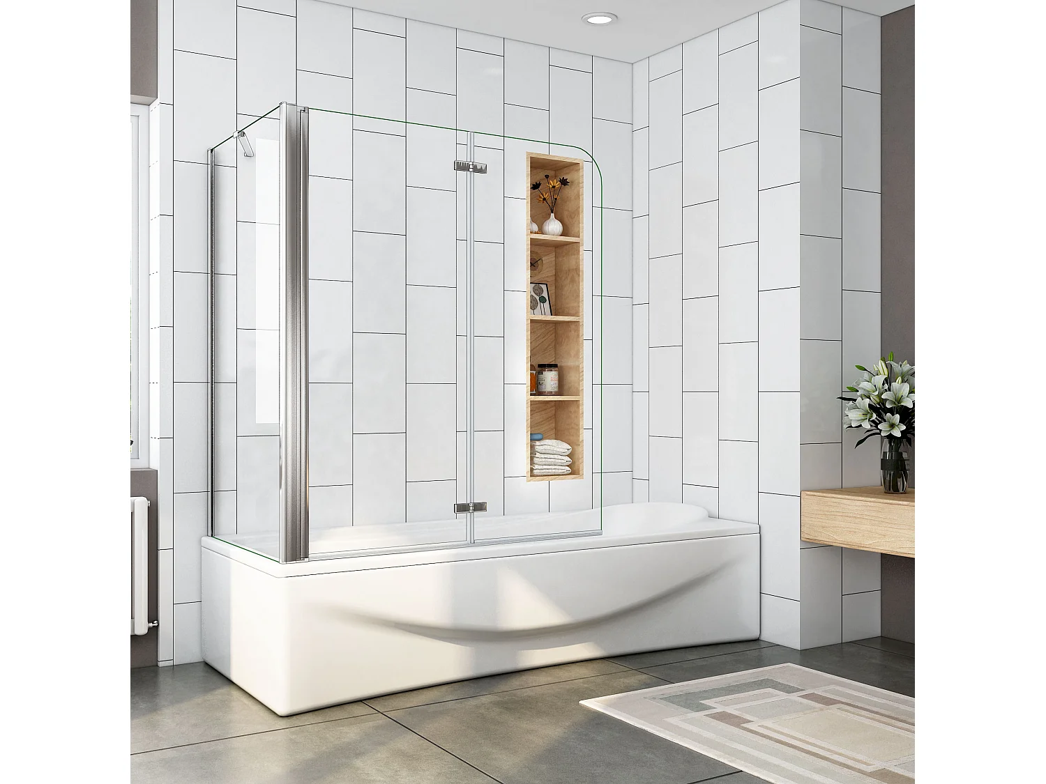 Mampara de bañera abatible 2 hojas con un panel fijo cristal antical 6mm plegable (993-1013)x(678-698)x1400mm