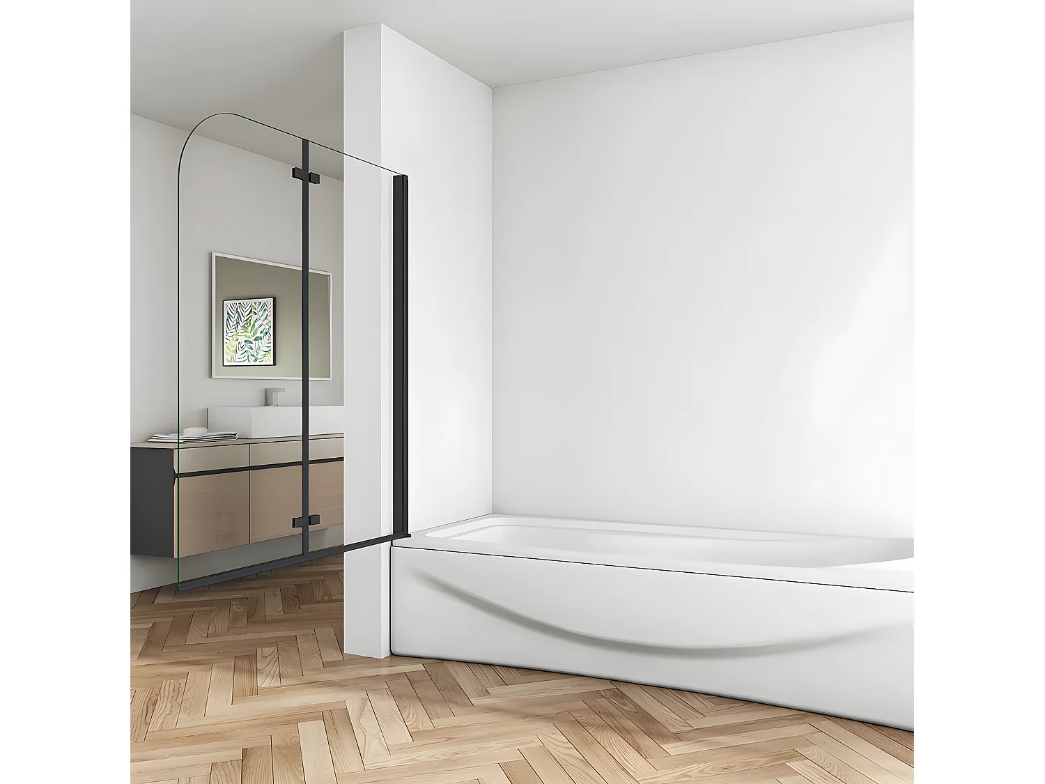 Painel de Banheira Dobrável 2 Folhas Vidro Anti-calcário 6mm Perfil Preto Fosco Tamanho: (880-900)x1400mm