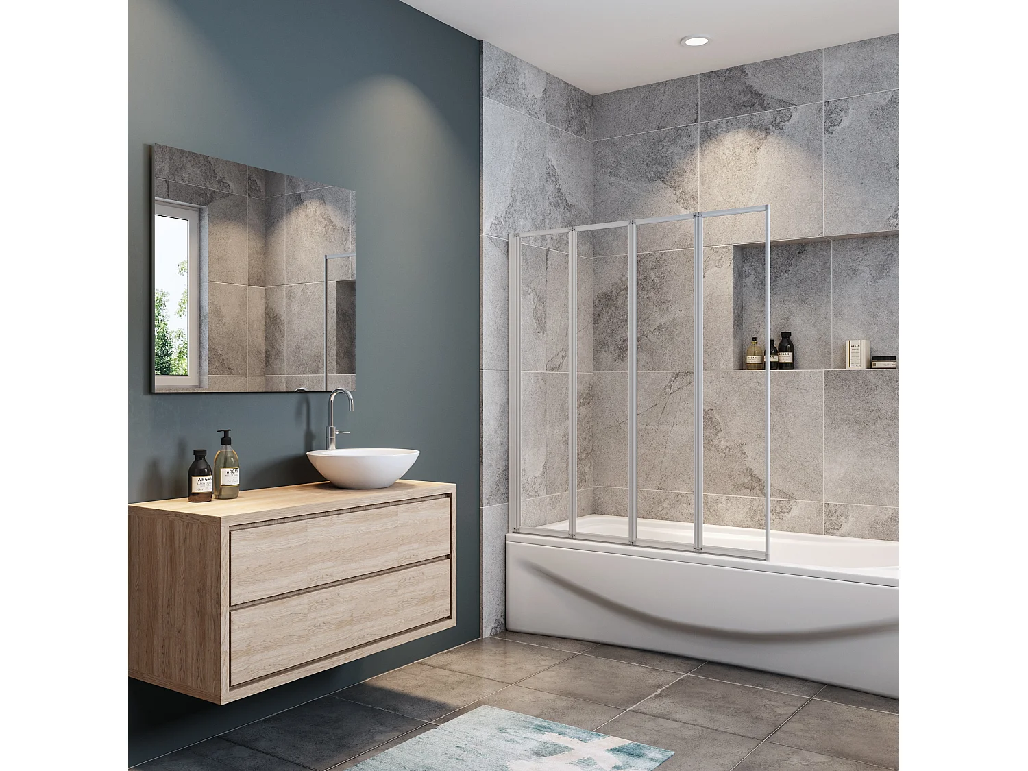 Mampara de bañera 4 hojas plegables vidrio templado 4mm perfil gris mate (990-1000)x1400mm