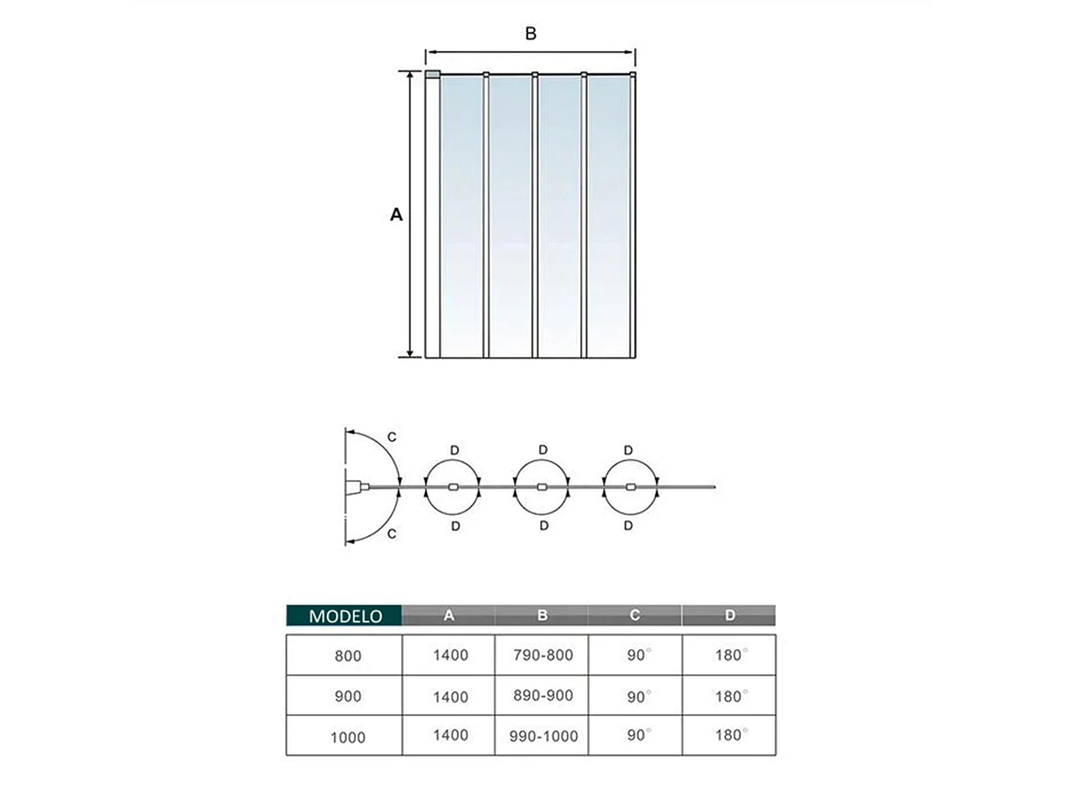 Painel de Banheira 4 Folhas Dobráveis, ​​4mm Vidro Temperado, Perfil Cinza Fosco, Tamanho:(990-1000)x1400mm