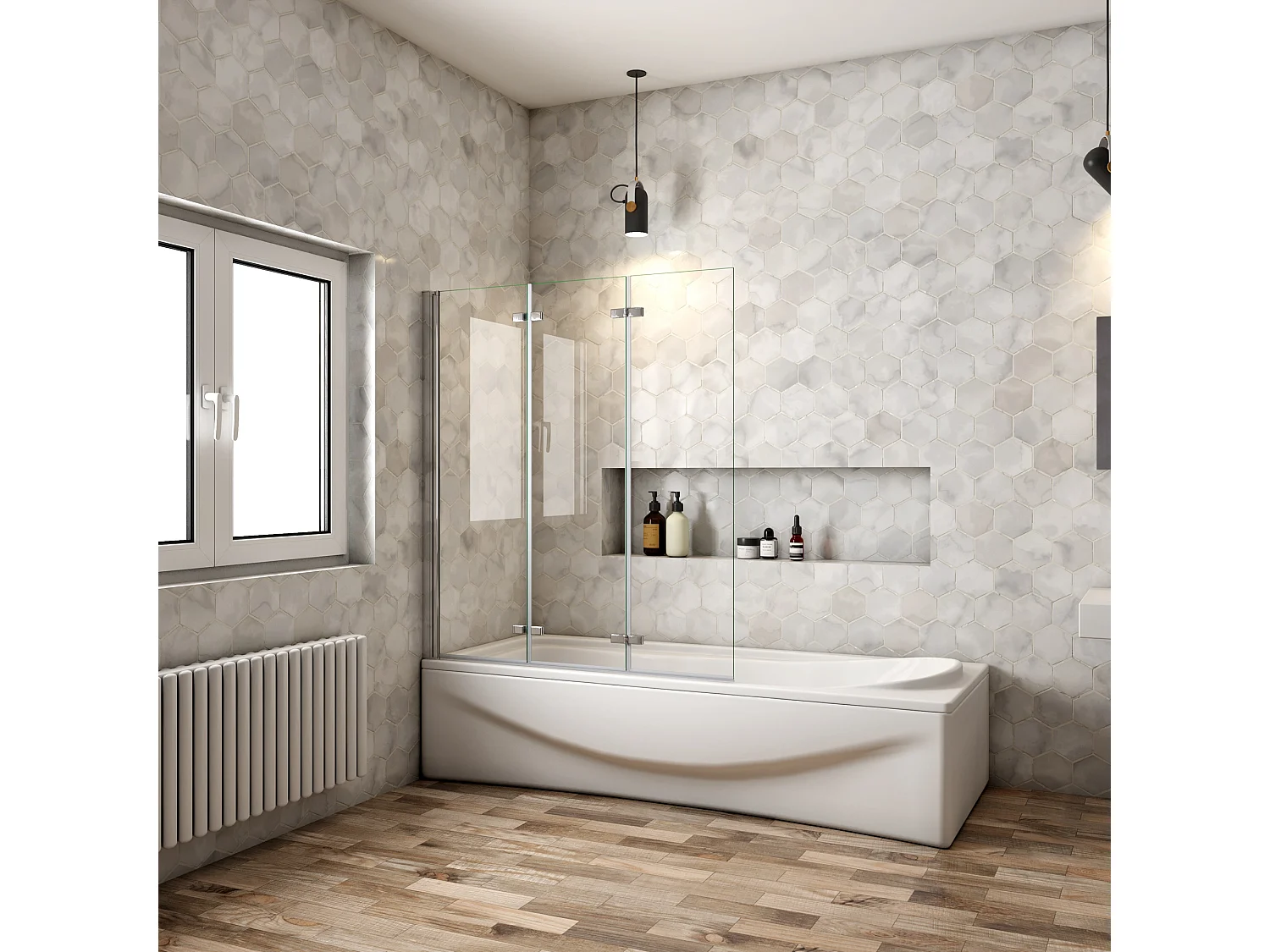 Painel de Banheira Dobrável 3 Folhas Vidro Anti-calcário 6mm Dobrável 3 vezes Dimensões: (1180-1200)x1400mm