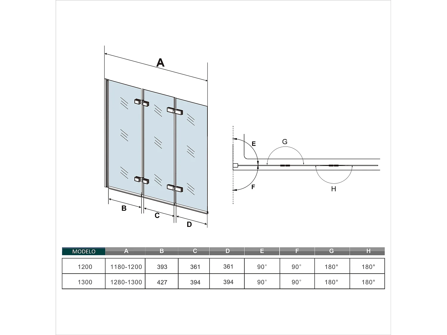 Painel de Banheira Dobrável 3 Folhas Vidro Anti-calcário 6mm Dobrável 3 vezes Dimensões: (1180-1200)x1400mm