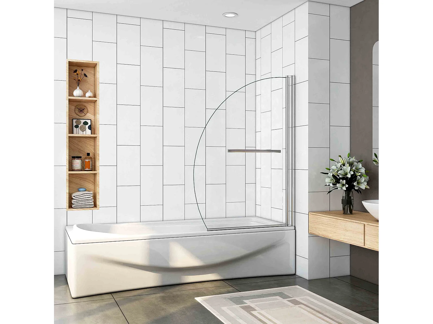 Painel de Banheira Meia Lua com Toalheiro 400mm, Vidro Temperado com Tratamento Anticalcário 8mm Tamanho:(980-1005)x1500mm