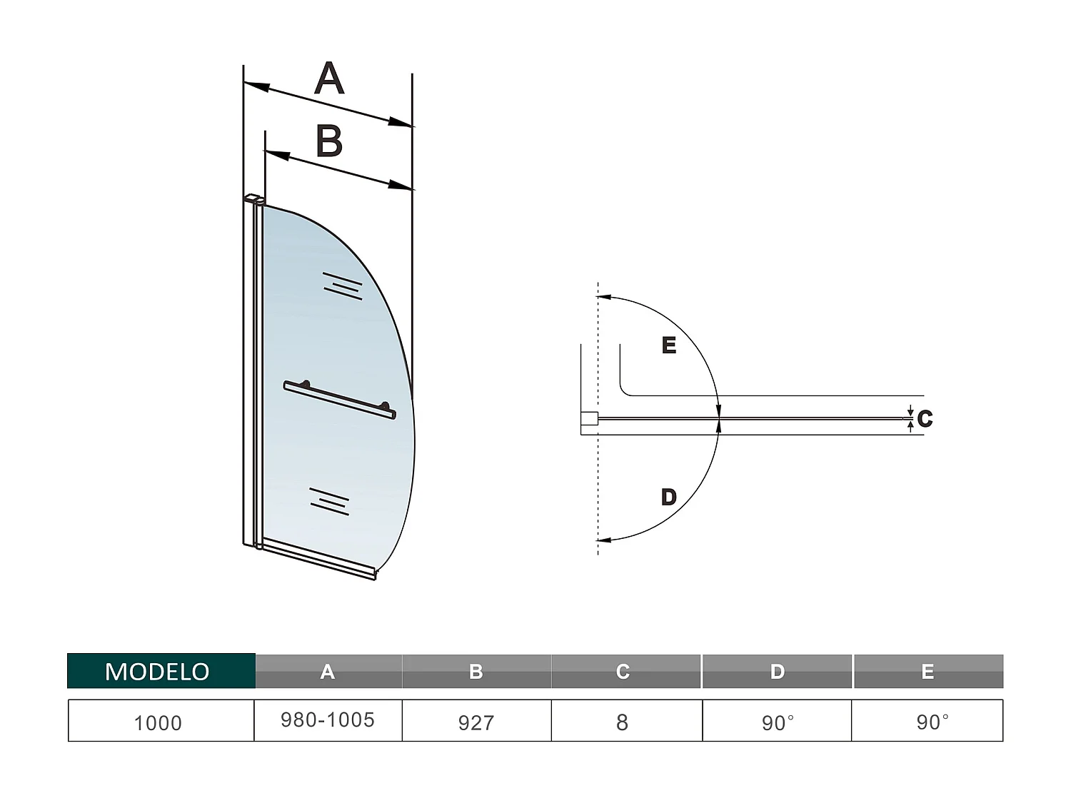 Painel de Banheira Meia Lua com Toalheiro 400mm, Vidro Temperado com Tratamento Anticalcário 8mm Tamanho:(980-1005)x1500mm
