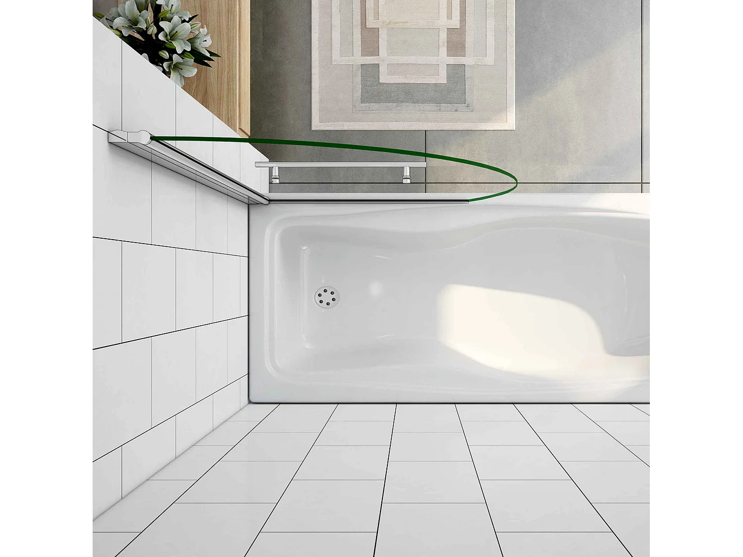 Mampara de bañera en forma media luna con un toallero 400mm, vidrio templado con tratamiento antical 8 mm (980-1005)x1500mm