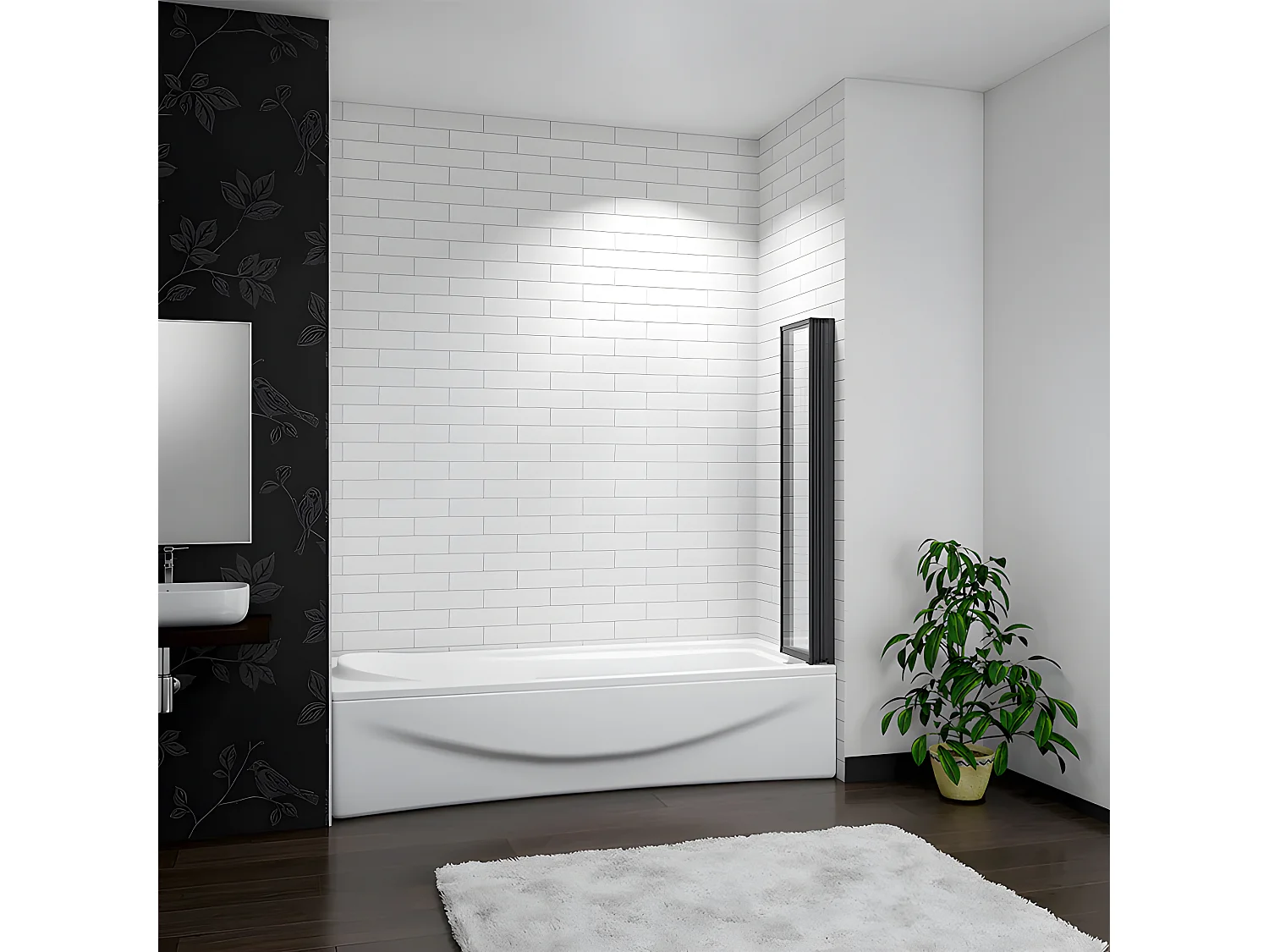 Mampara de bañera 4 hojas plegables vidrio templado 4mm perfil negro mate (890-900)x1400mm