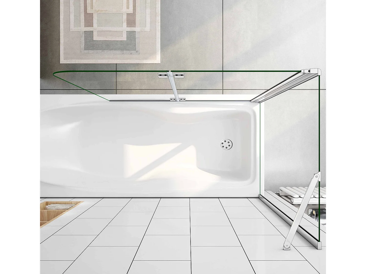 Mampara de bañera abatible 2 hojas con un panel fijo cristal antical 6mm plegable (1093-1113)x(678-698)x1400mm