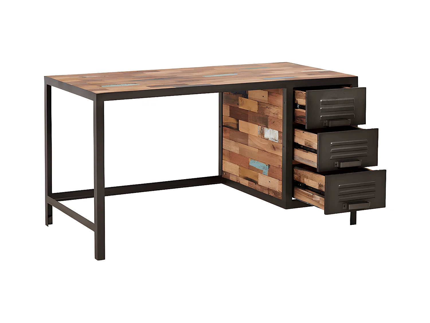 Nautical bar central angle gauche en bois de bateau recyclé - Métal noir - Style industriel - L164