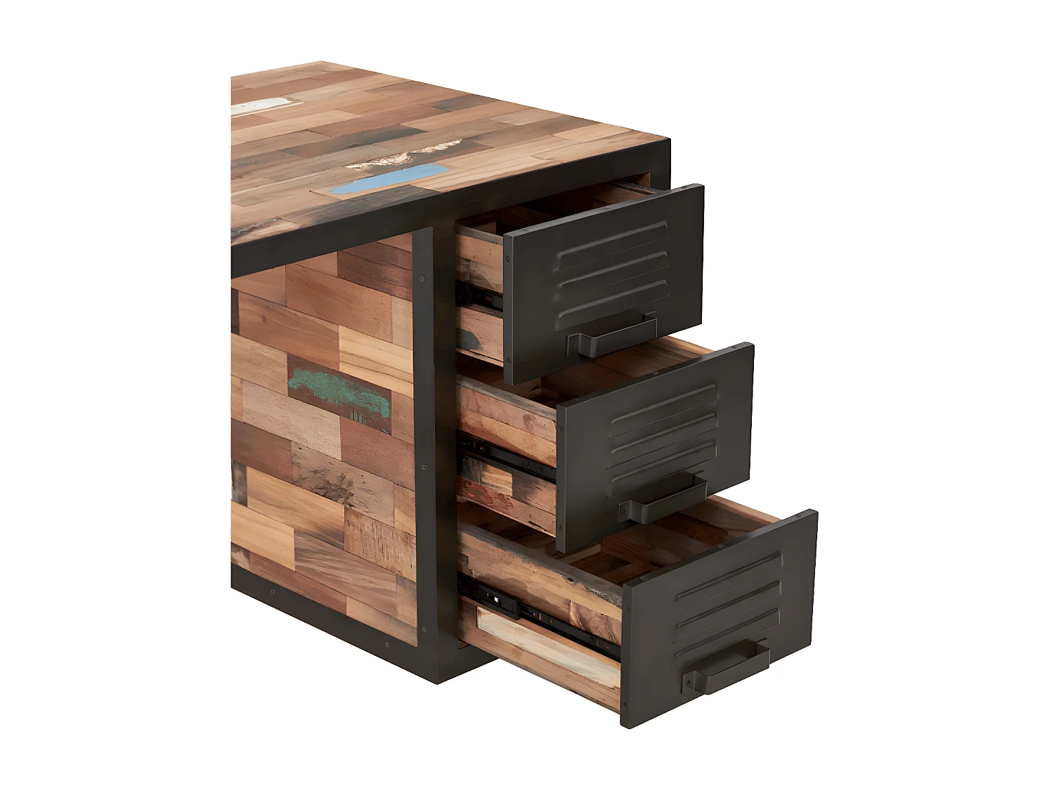 Nautical bar central angle gauche en bois de bateau recyclé - Métal noir - Style industriel - L164