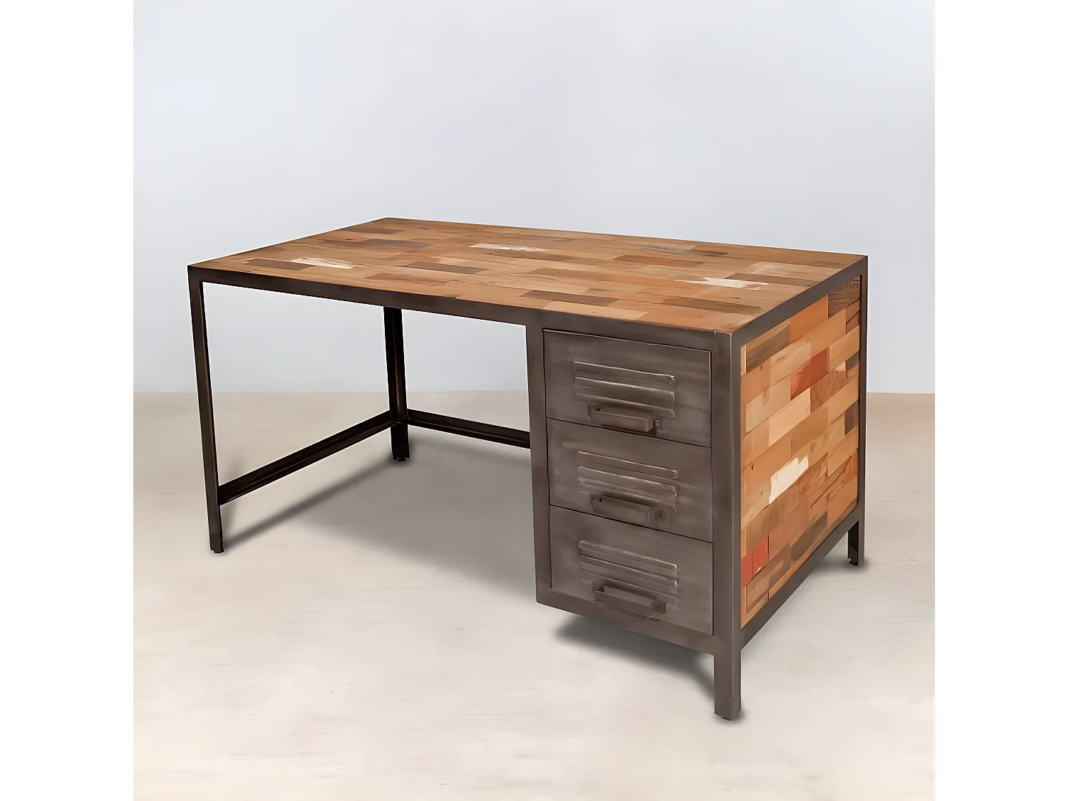 Nautical bar central angle gauche en bois de bateau recyclé - Métal noir - Style industriel - L164