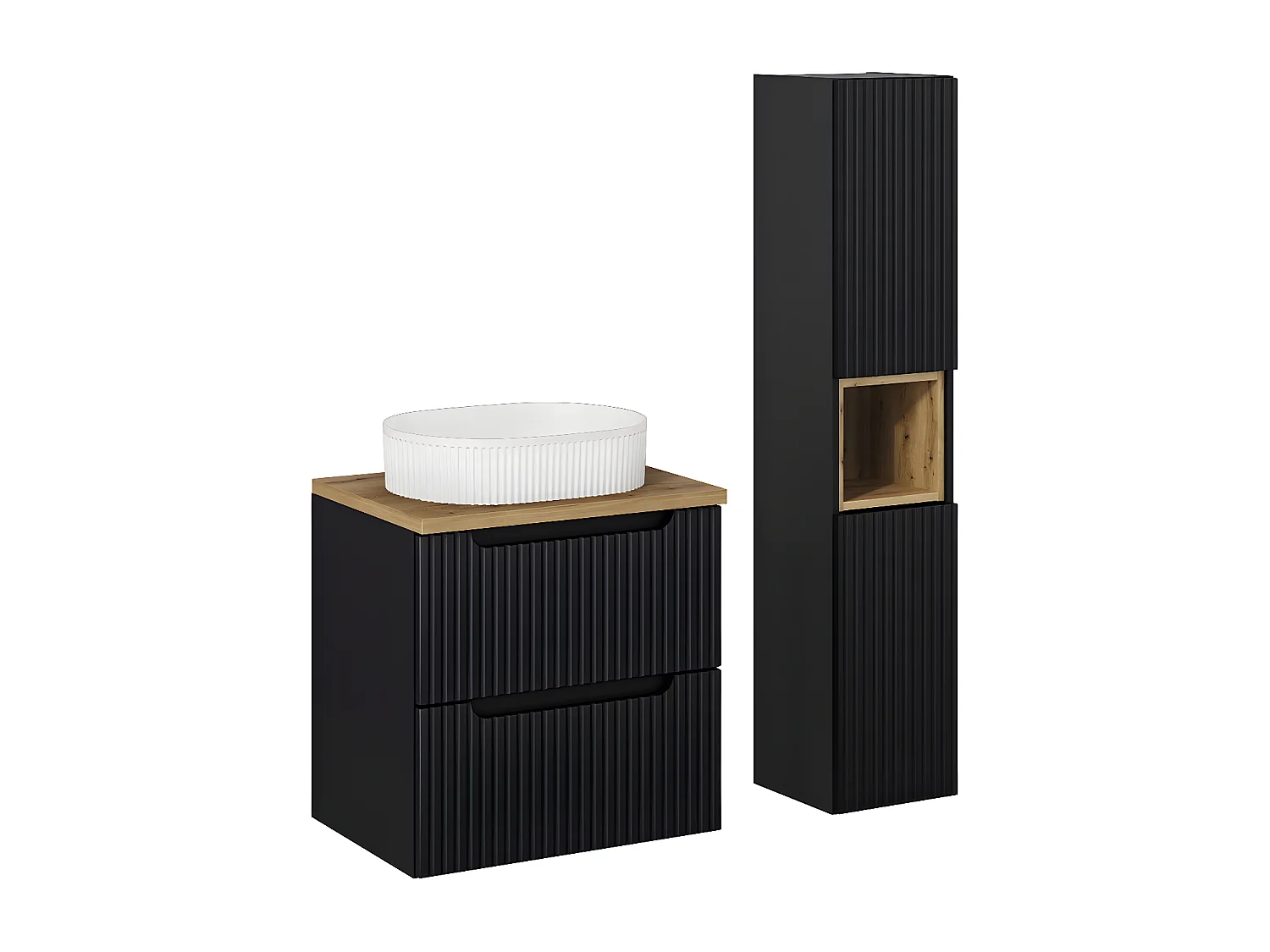 Ensemble meuble simple vasque 60cm 2 tiroirs et colonne Riva Noir et Bois